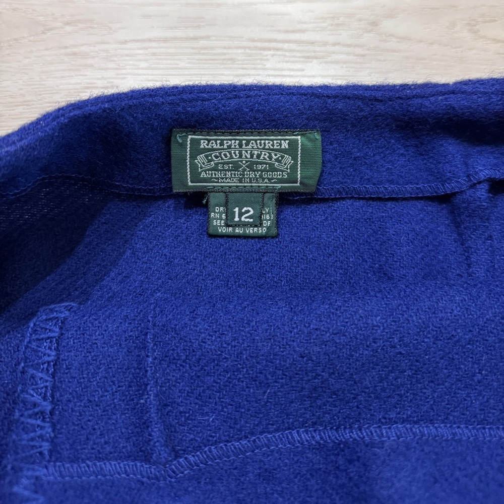 VTG Ralph Lauren Country Fringe Wrap Wool Skirt Blue Mini Union Made Size 12 - Picture 4 of 6